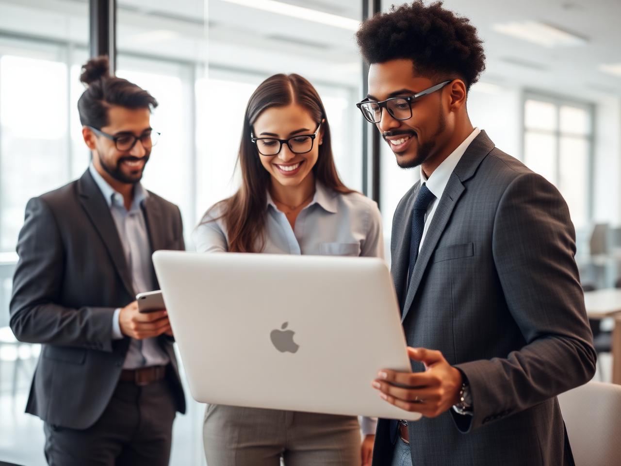 Colleagues in a modern office reviewing an issue together on a laptop