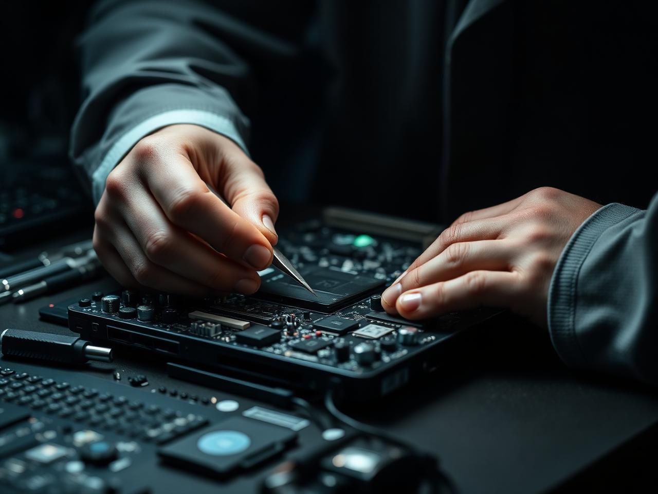 Technician repairing a laptop mainboard with precision tools