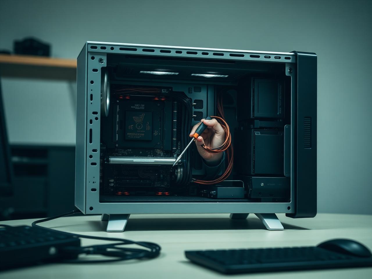 Technician inspecting the inside of a desktop PC