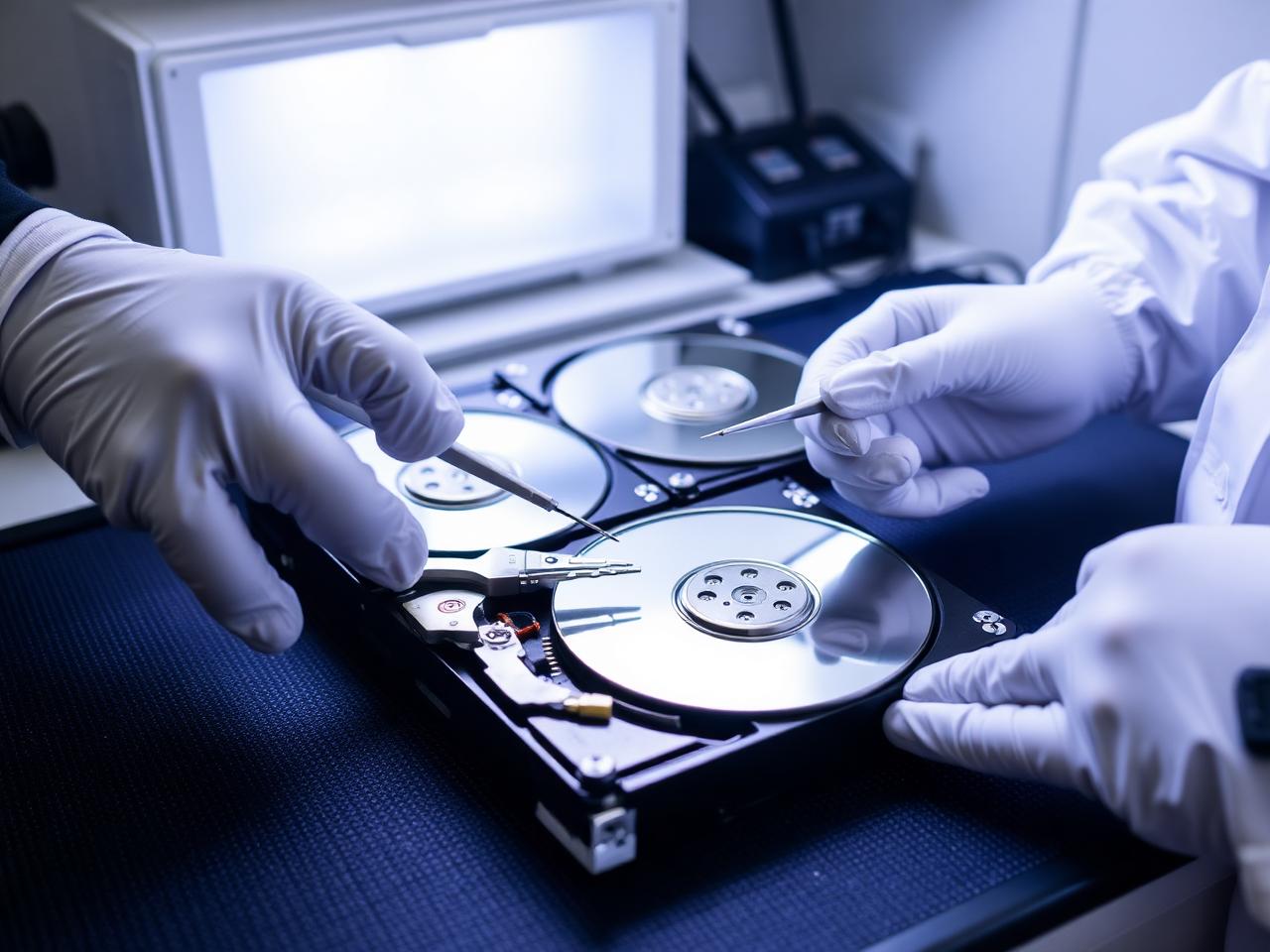 Gloved hands working on an opened hard drive in a data recovery laboratory