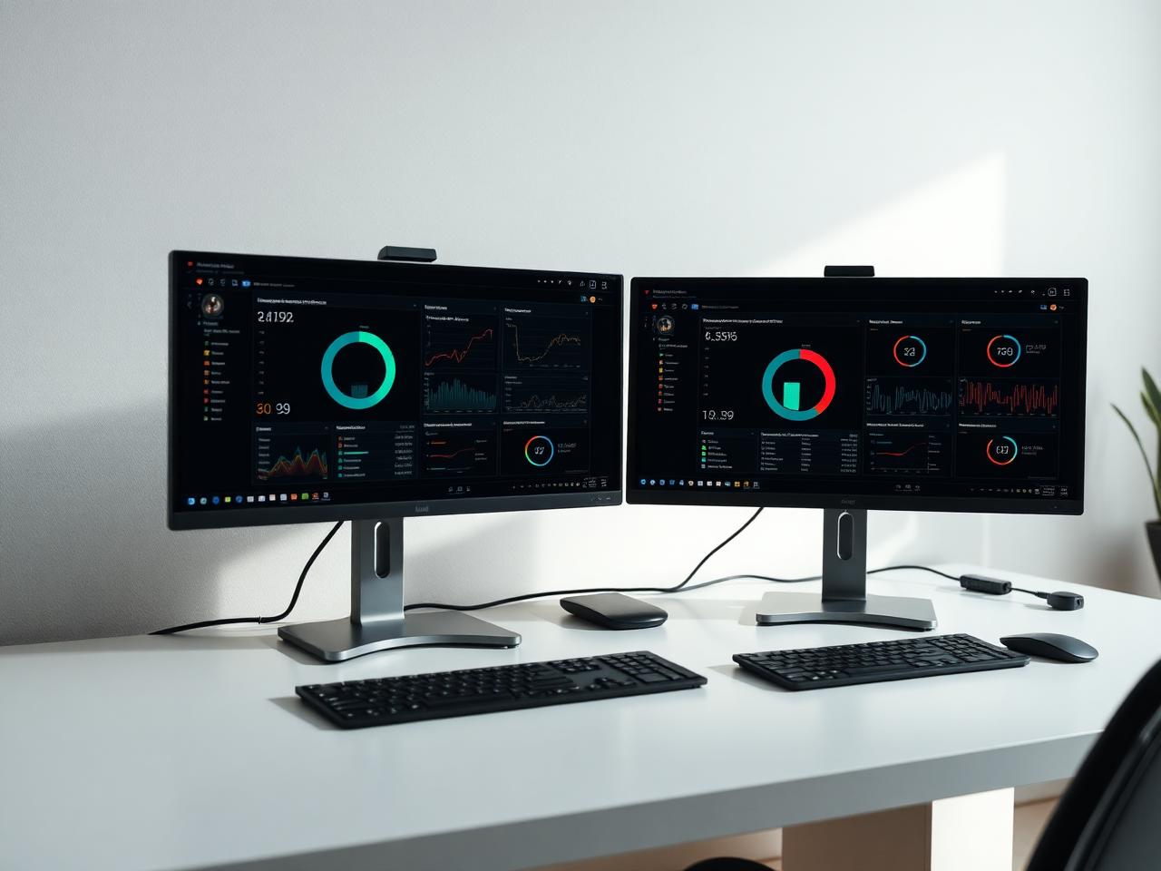 Modern desktop workstation with performance monitoring dashboards on two displays