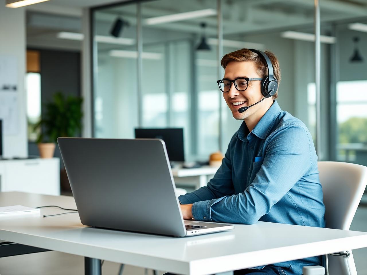Support technician with a headset helping a customer remotely from a modern office